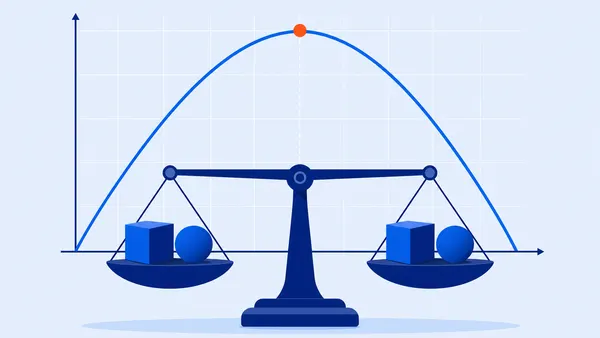 Balance scale with geometric shapes and a parabola on a grid