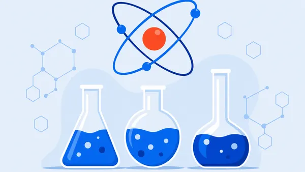 Laboratory flasks beneath a stylized atom