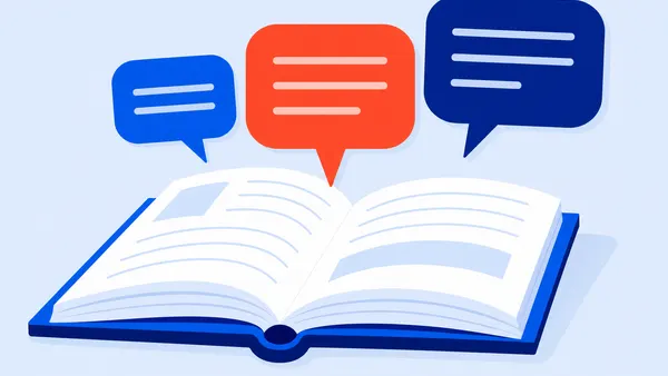 Open book with speech bubbles rising from the pages