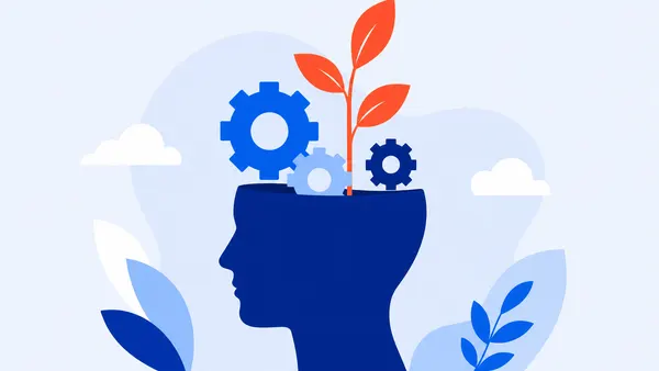 Head silhouette with gears and a growing sprout