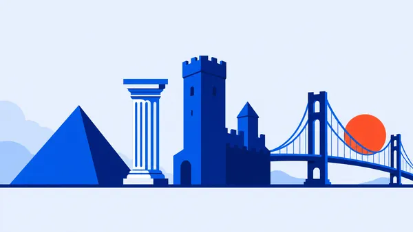 Pyramid, column, castle and bridge along a timeline horizon